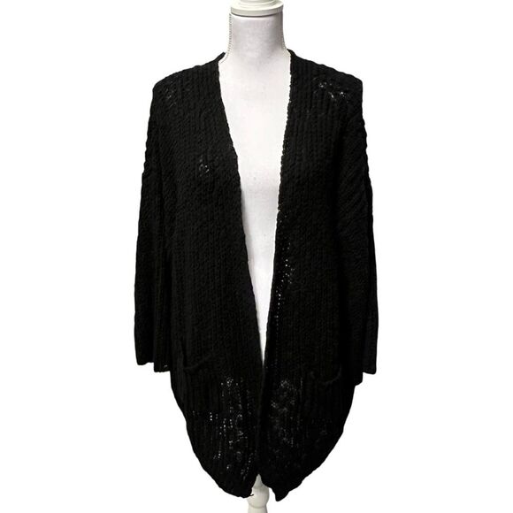 POL Black Chunky Knit Sweater Size M Patch Pockets Oversized Cozy Boho Relaxed - Picture 2 of 10